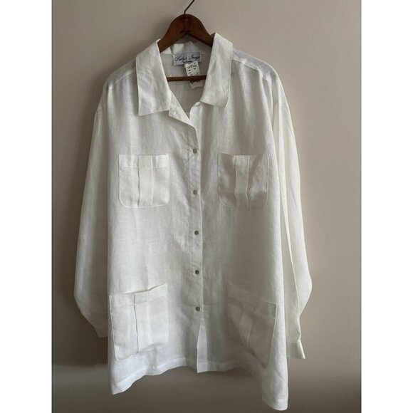NEW 90s Large White Button Up Shirt Oversized Pocket Long Sleeve Linen Top 2X - Picture 1 of 11